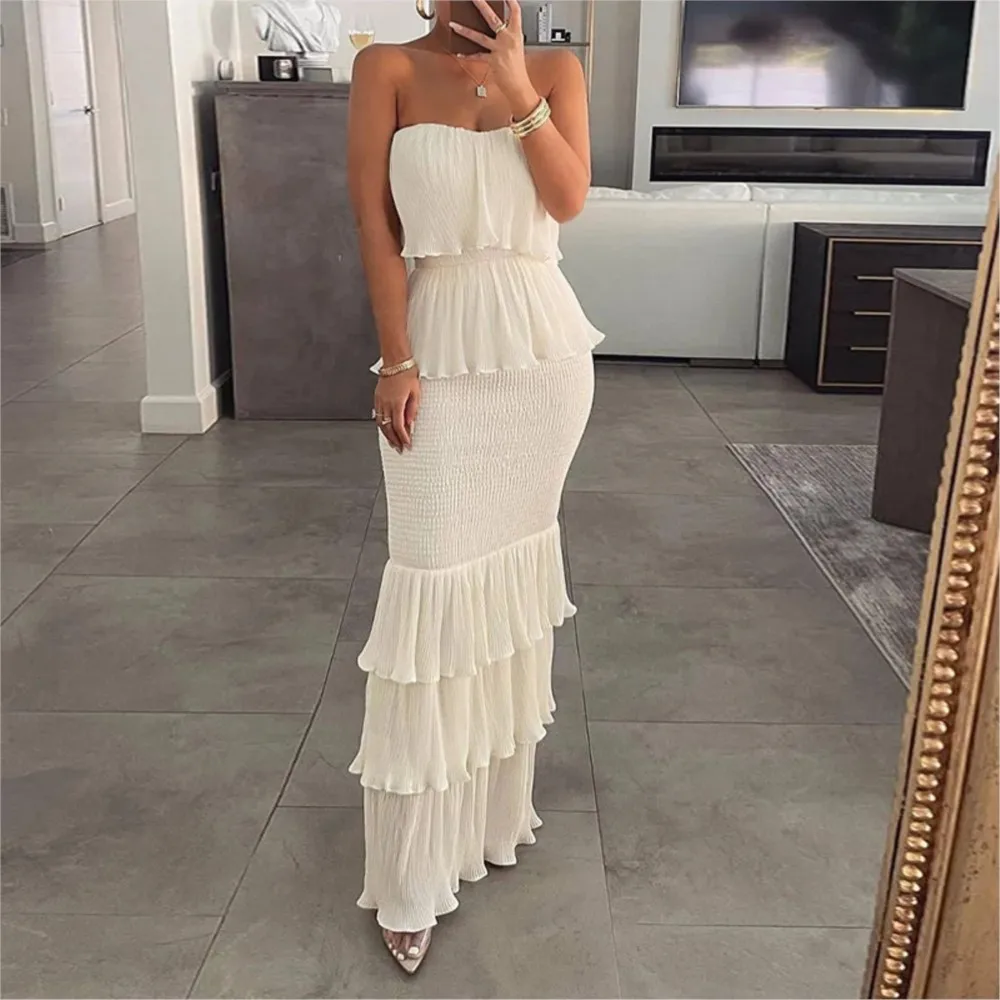 Sexy Off Shoulder Strapless Maxi Dress Ruffle Tiered Hem Smocked Bodycon Long Dress Women's Evening Wedding Elegant Party Dress