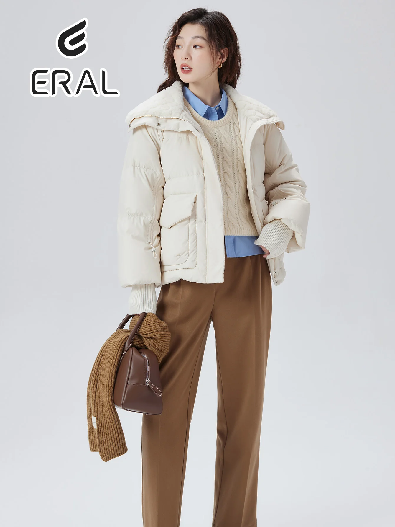 ERAL 2024 Fake Sheepskin Collar Down Jacket Women Lapel Design Female Fitted Waist Design Winter Fashion Snow Lady Outwears