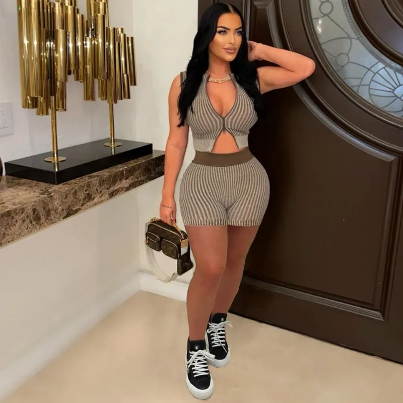 

Striped Knitted Women Casual 2 Piece Set Sexy Zipper Sleeveless Tank Crop Tops + Skinny Shorts High Stretch Streetwear Suits