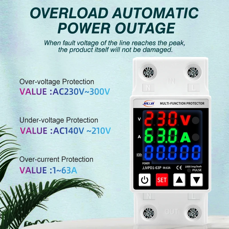 Energy Meter Digital Display Over Under Voltage Current Protection kWh Power Meter DIN Rail 63A Adjustable 220V 230V - view 3