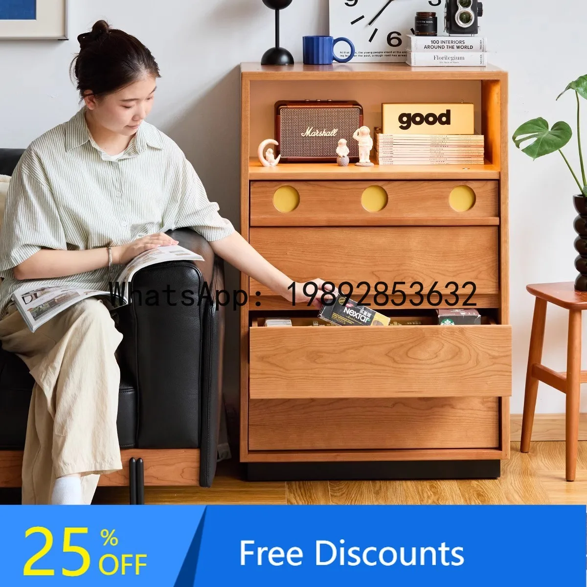 Solid Wood Five-Drawer Cabinet Vintage Bedroom Living Room Storage Cabinet Multi-Functional Organizer Side Cabinet