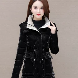 2023 New Women Down Cotton Coat Winter Jacket Female Mid Length Slim Parkas Hooded Thickened Outwear Small Fellow Overcoat