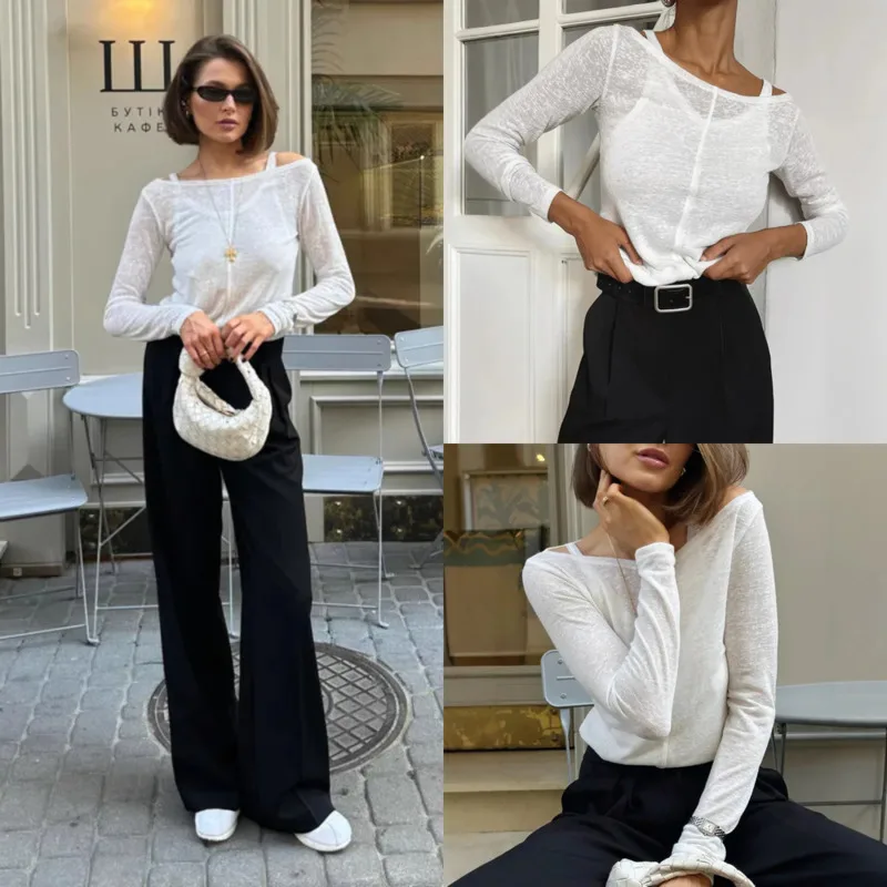 

Off-Shoulder White Long-Sleeve T-Shirt Vest 2 Piece Set Spring Summer Comfortable Slim-Fit Semi-Sheer T-Shirt Fashion Women Top