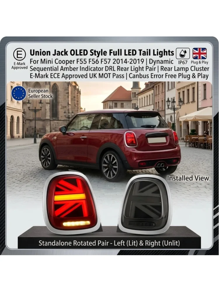 Union Jack OLED-Style Voll-LED-Rückleuchten für Mini Cooper F55 F56 F57 2014-2019 |   Dynamisches sequenzielles gelbes Blinklicht DRL Rücklichtpaar |   Rückleuchten-Cluster |   E-Mark ECE-geprüft, UK