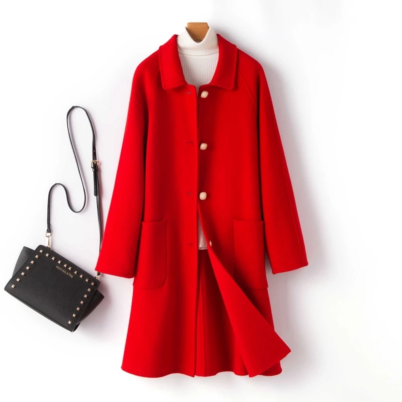 

Spring Autumn Slim Mid-long Office Lady Double Sided Wool Jacket Women 4 Color Big Pocket Long Sleeve Cashmere Wool Coat Female