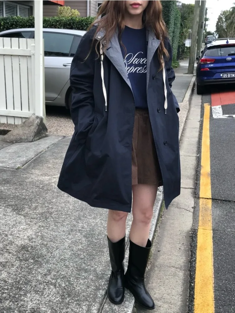 Women's Autumn Korean Chic New Niche Design Reversible Hooded Single-breasted Long-sleeved Long Windbreaker Jacket