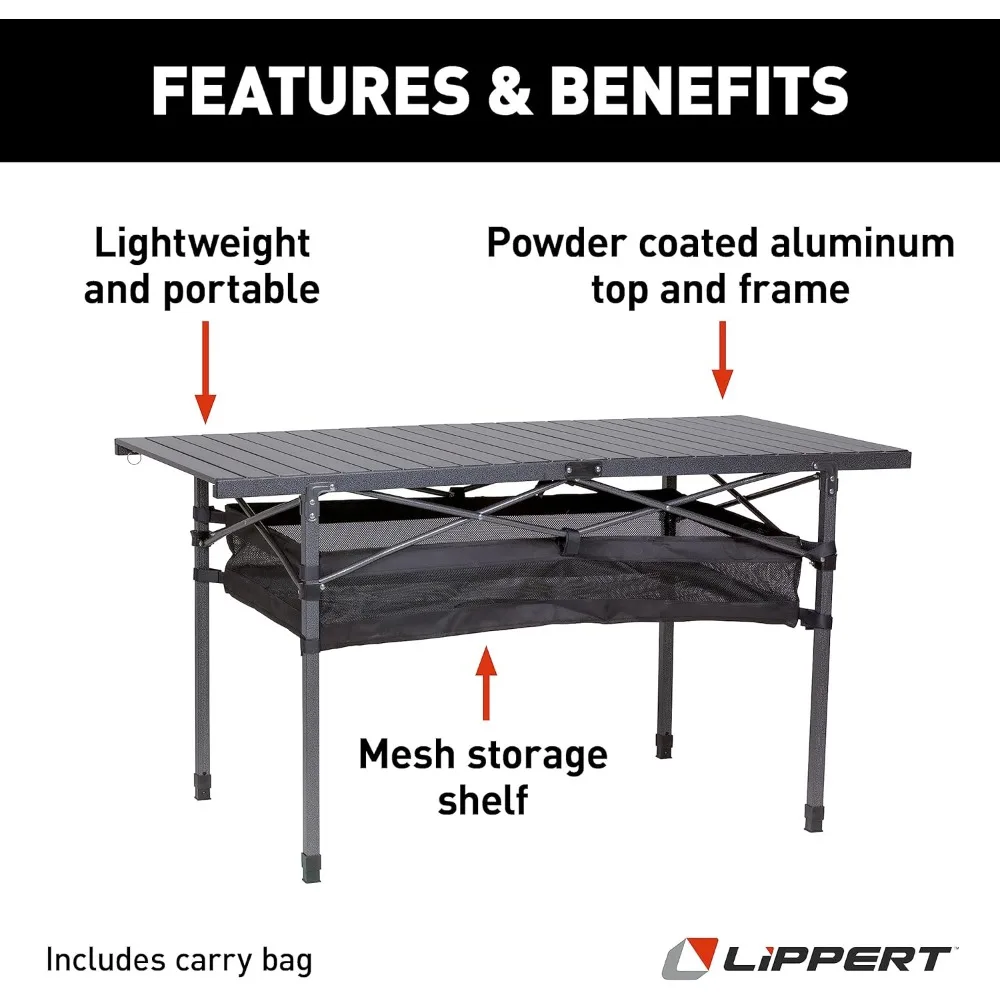 Lippert Camping Dining Table, Slatted Aluminum Tabletop, Foldable Design, Heavy-Duty Steel Legs, Powder-Coated Protection, Mesh