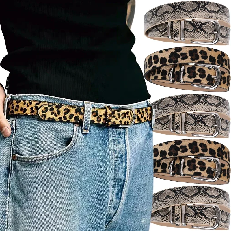 Y2K Leopard Print Belt Snake Skin Pattern PU Leather Belts Jeans Pin Buckle Closure Waistband Men Women Adjustable Cool Belt