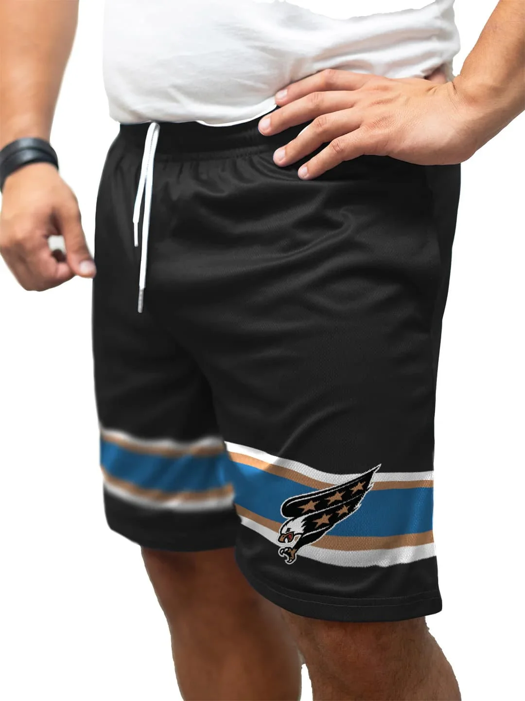 Retro Washington Capitals Eagle Logo Ice Hockey Shorts Men Black Blue Gold White Stripes Breathable Training Fan