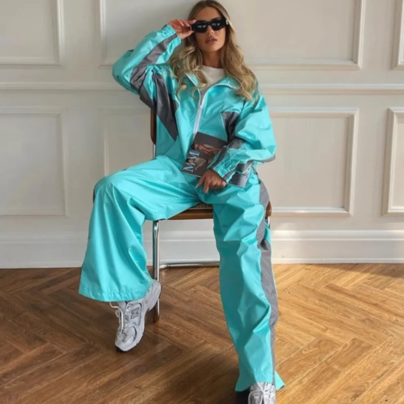 

Women's Casual Fashion Loose Color Blocked Long Sleeved Zipper Cardigan Color Block Top & Pants Sport Set 2025 Autumn
