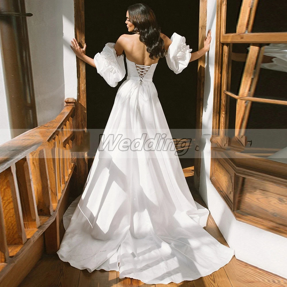 Precioso vestido de novia sin hombros con abertura alta, Mangas desmontables, sirena, Espalda descubierta, trapeado, línea A, hermosos vestidos de novia