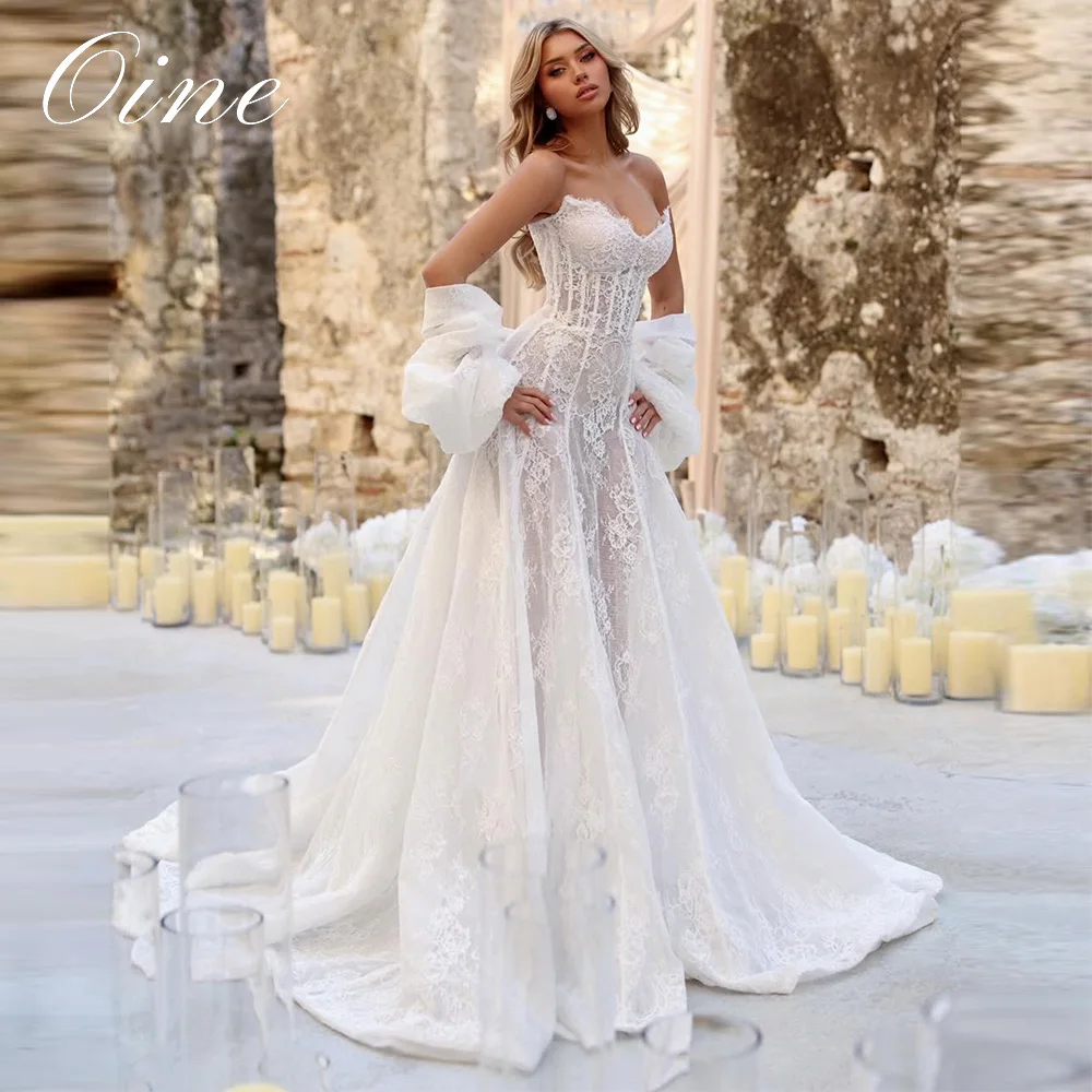 Oine Exquisites Spitzen-Brautkleid mit V-Ausschnitt und A-Linie, abnehmbarem Schal, 2026 Brautkleid mit Schnürung am Rücken und Schleppe, Vestido De Novia