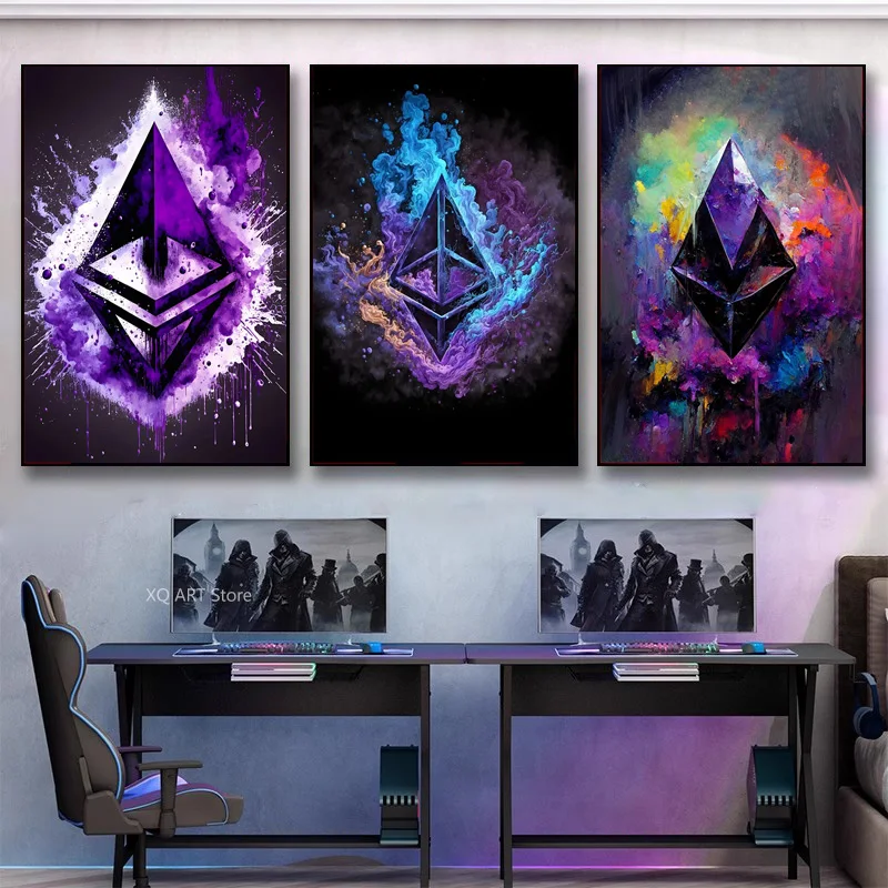 Watercolor Crypto Splatter Bitcoin Ethereum Poster ETH BTC Crypto Virtual Coins Canvas Painting Wall Art For Home Room Decor