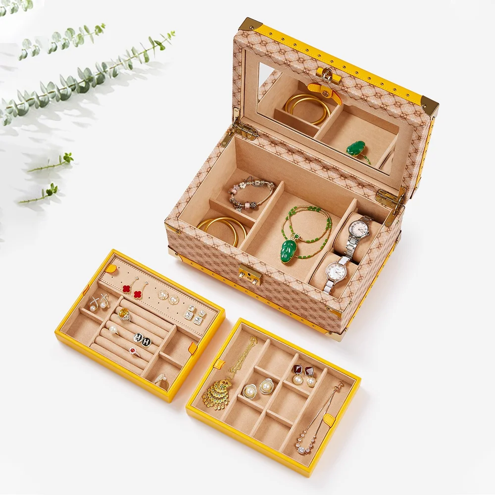 Vintage Rectangle Handmade Luxury Large Capacity Jewelry Storage Box Portable Lockable Bamboo Handle Rings Earrings Necklaces