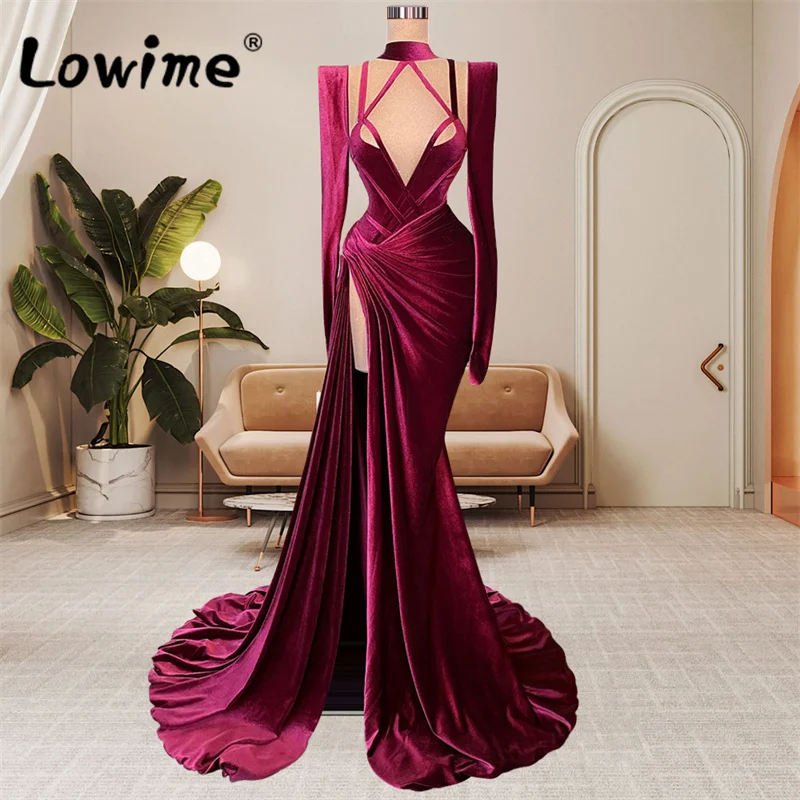 Elegant Velvet Mermaid Evening Dresses With Two Long Sleeves Special Design Dubai Arabic Prom Dress Celebrity Party Gowns Robes