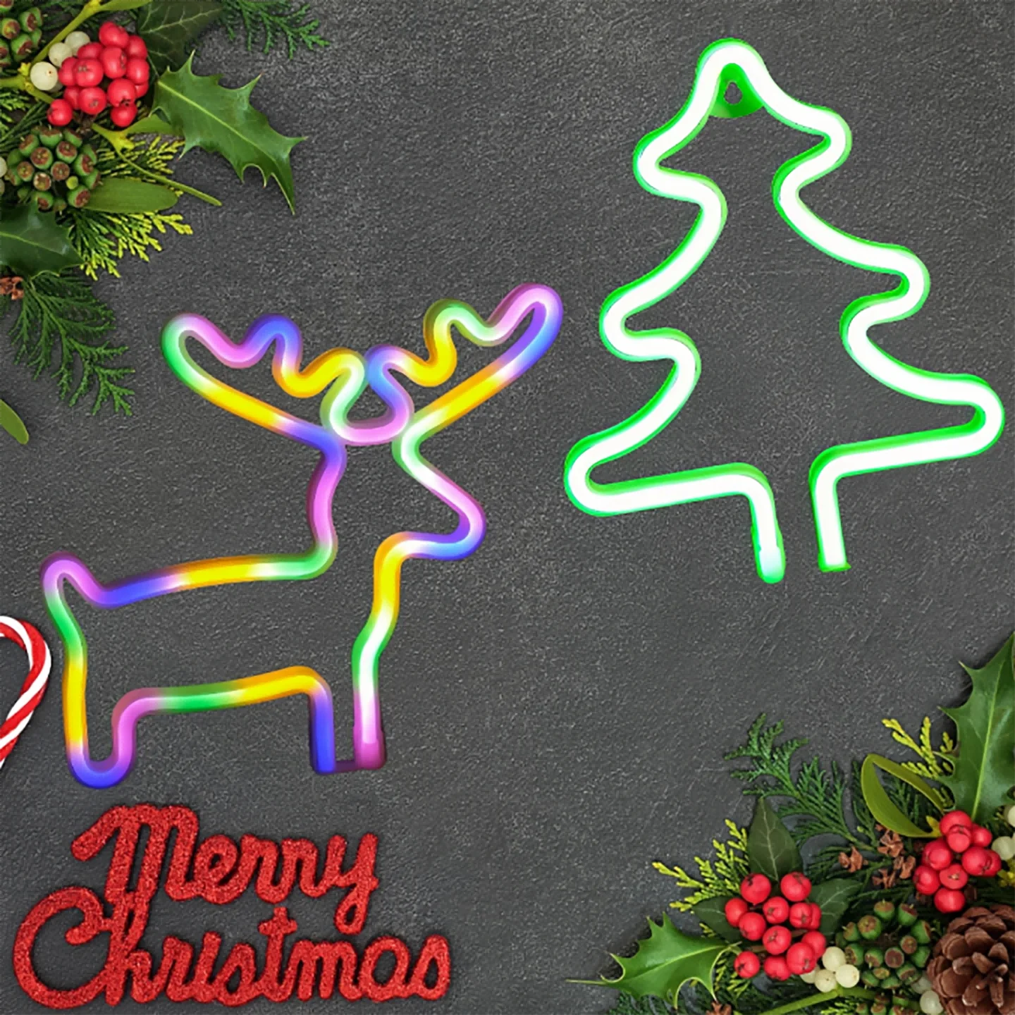 2pcs, Christmas tree and elk neon signs, Christmas party, bedroom, living room, Christmas dinner LED decoration, holiday gifts