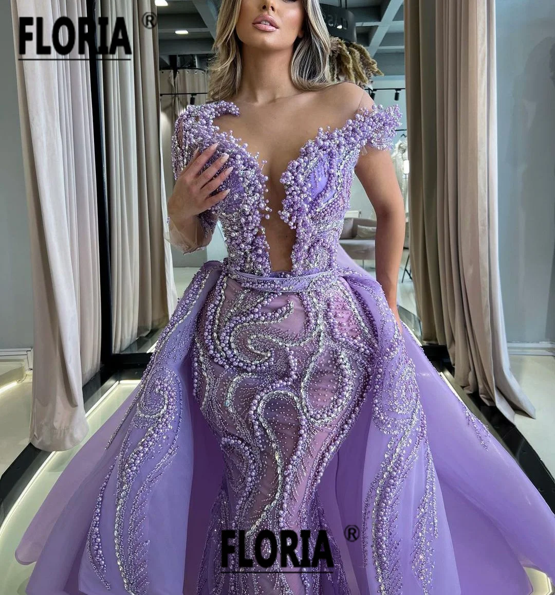 Vestidos De Noche Luxurious Beaded Pearls Wedding Dress Lavender Arabian Dubai Mermaid Bridal Gown Woman Formal Party Overskirt