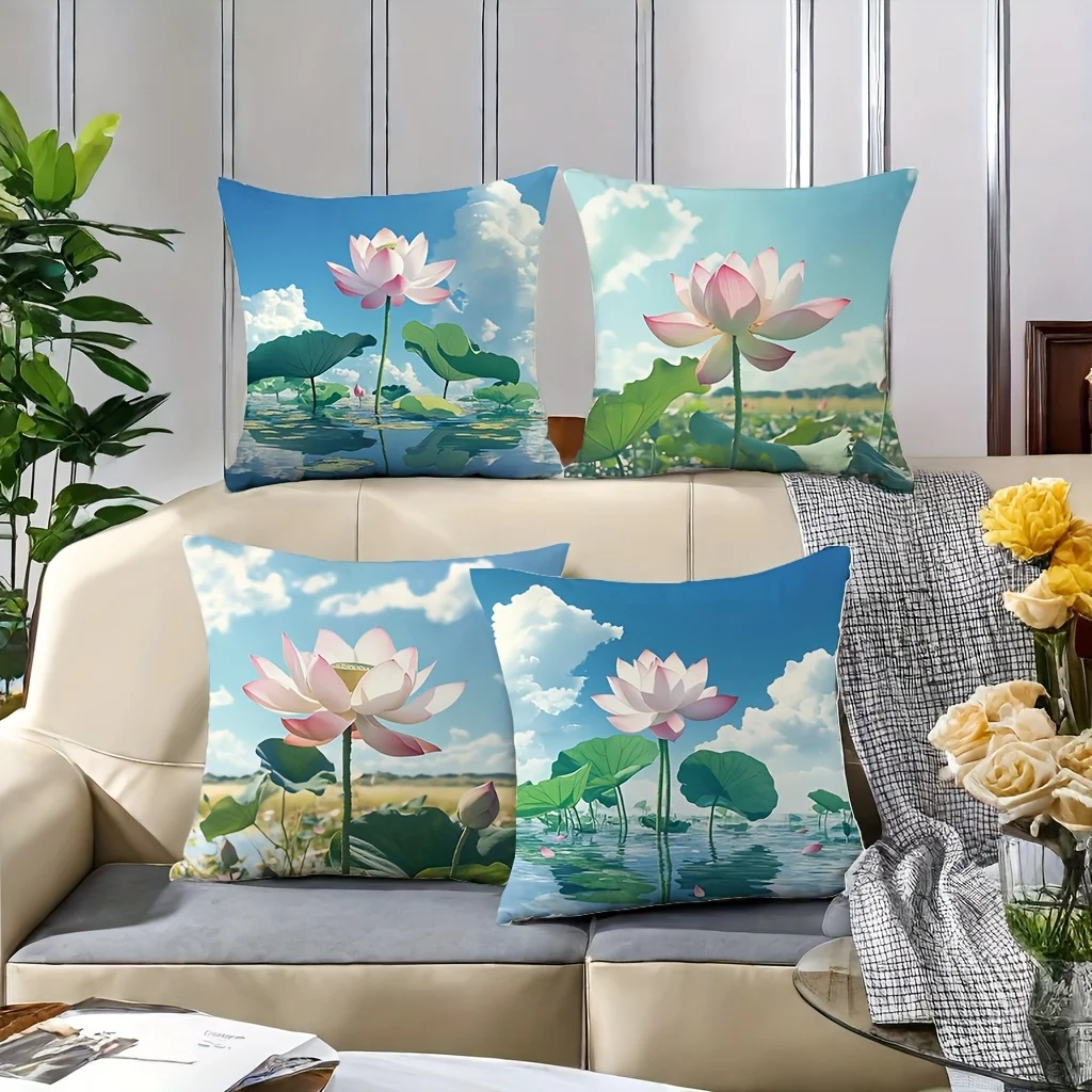 4pcs Elegant lotus pattern Single-sided printing Short plush Suitable for living rooms bedrooms sofas (excluding pillow cores)