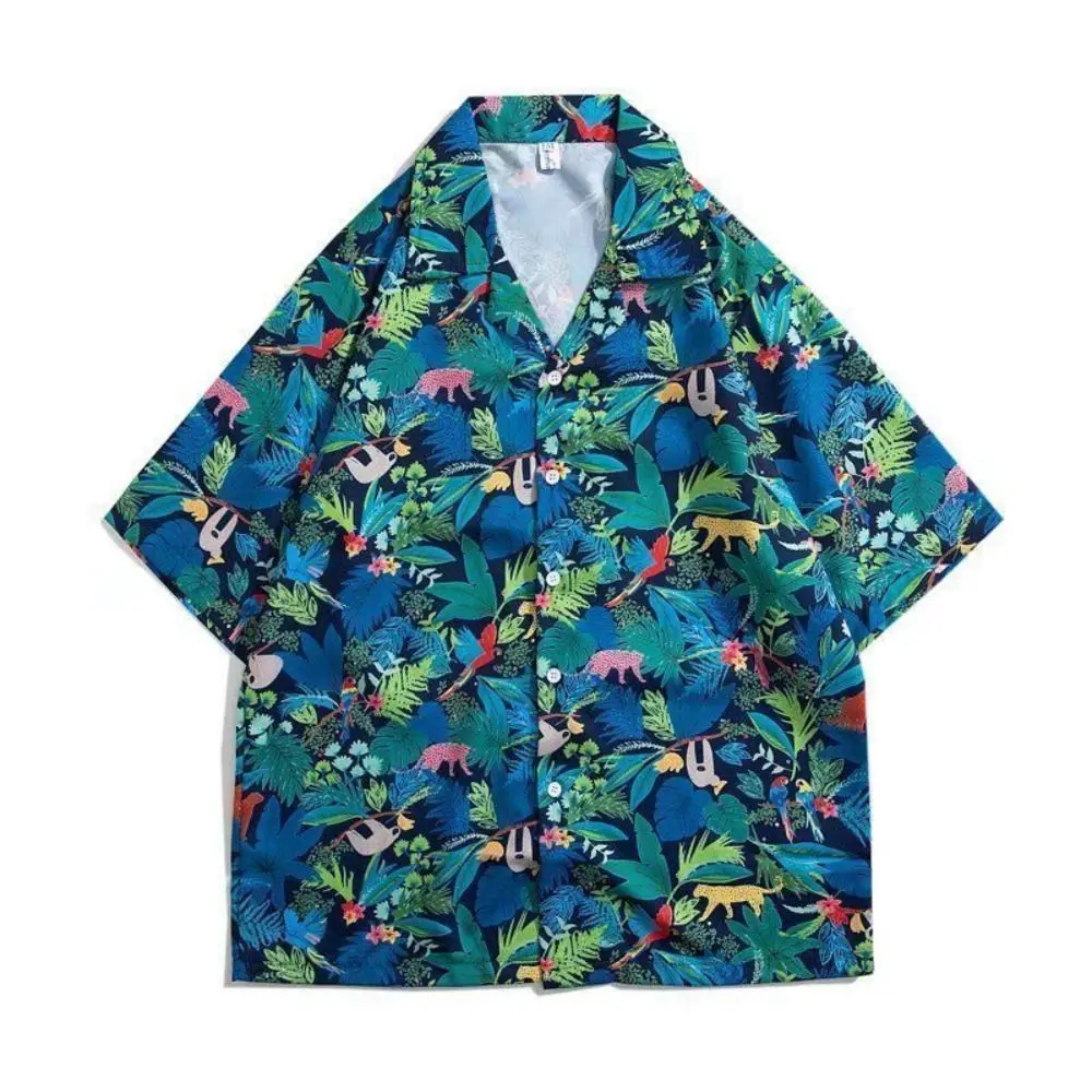 Single-breasted Hawaiian Shirt Retro Short-sleeved Flower Printed Beach T-shirt Summer Holiday Animal Plant Shirt Masquerade