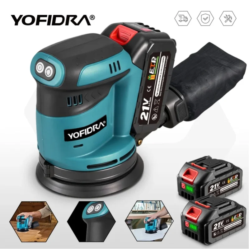 YOFIDRA 125MM 3-Gang Elektrischer Exzenterschleifer Kabelloser Polierer Schleifmaschine Holzbearbeitungs-Elektrowerkzeug für Makita Akku