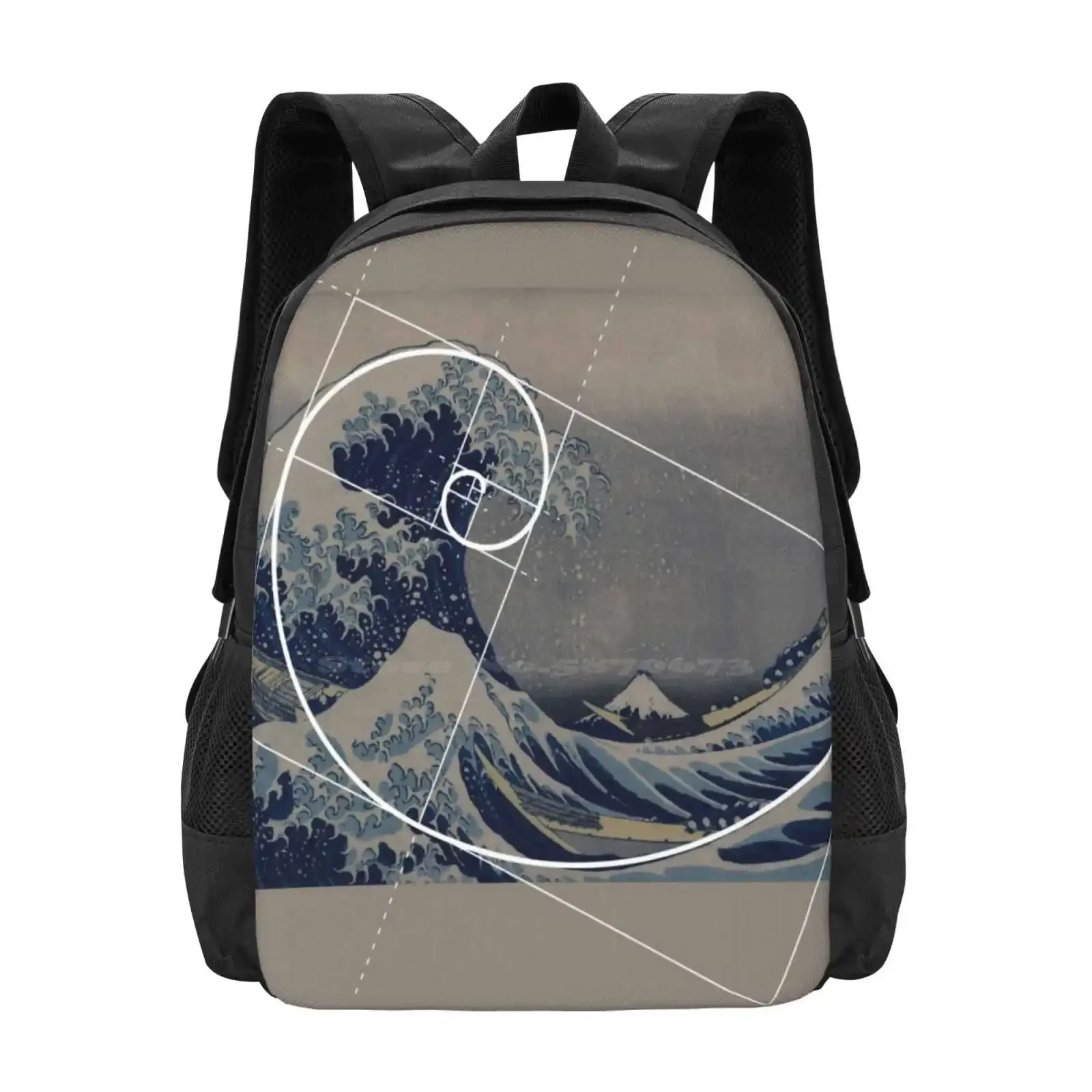 

Hokusai встречает Фибоначчи, студенческий рюкзак для подростков, дизайнерские сумки с узором, цифры Fibonacci, золотое соотношение, золотой смысл, божественный