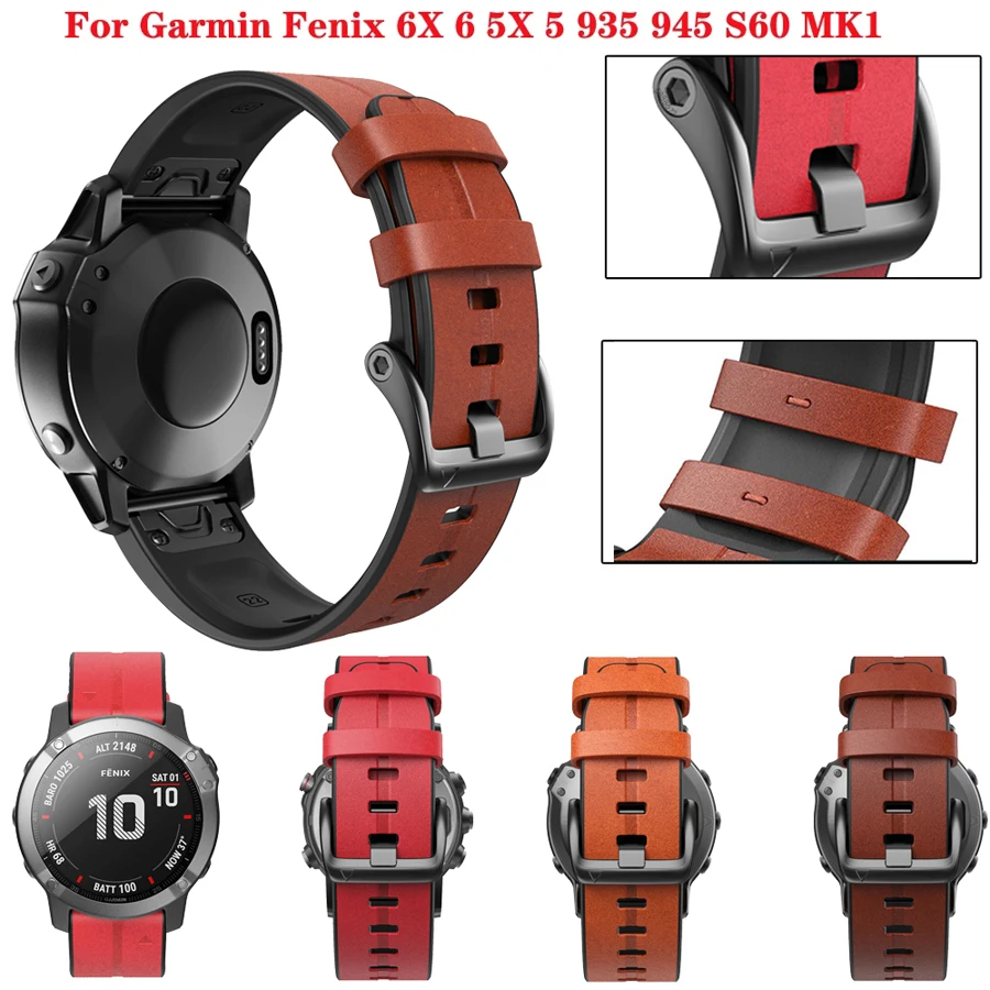 22 26mm Quickfit Watch Strap For Garmin Fenix 6 6X Pro 5X 5 Plus 3HR 935 S60 MK1 Genuine Leather Band Replace Watch Wristband