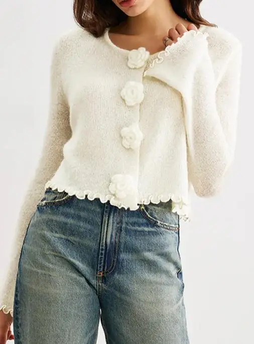 

French Elegant Women's Knitted Sweater 2025 Autumn Knitwear 3D Flower Slim Fit Fungus Edge Pullover Women's Knitted Sweater Top