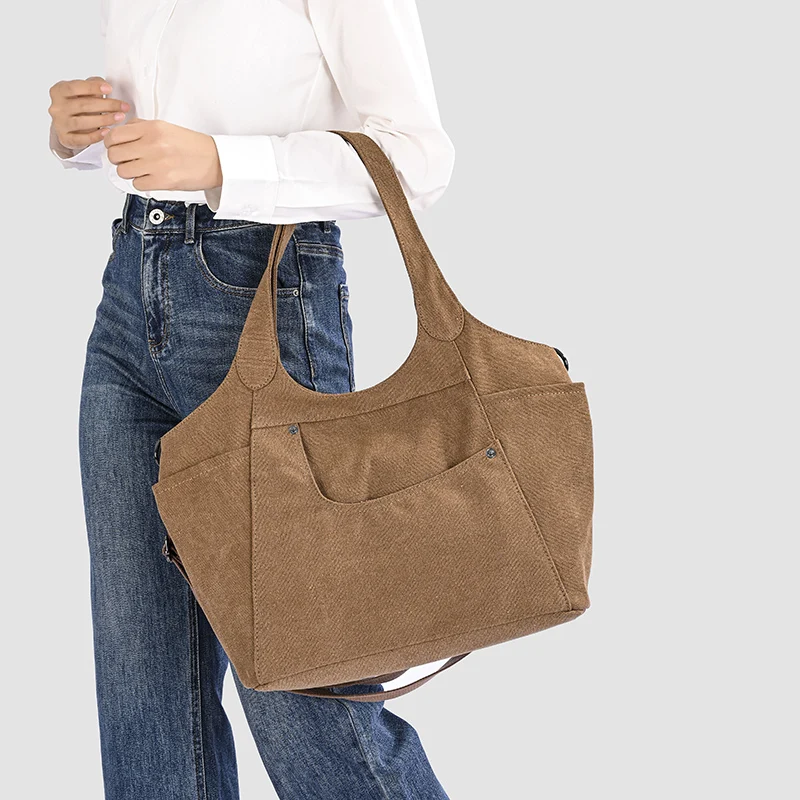 

New Fashion Women's Multi-pocket Canvas Tote Bag Detachable Strap Shoulder Crossbody Handbag for Daily Work Travel Shopping Use