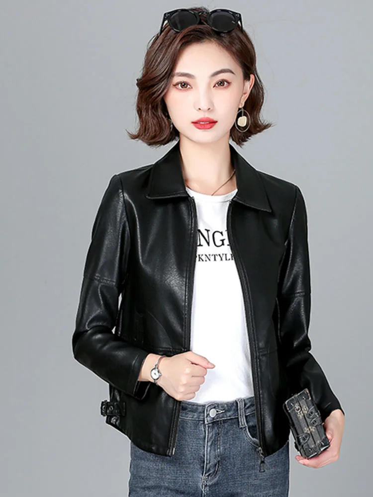 Nieuwe Dames Schapenvacht Jas Lente Herfst 2025, Mode Casual Lange Mouw Korte Rits Leren Jas Losse Split Lederen Bovenkleding