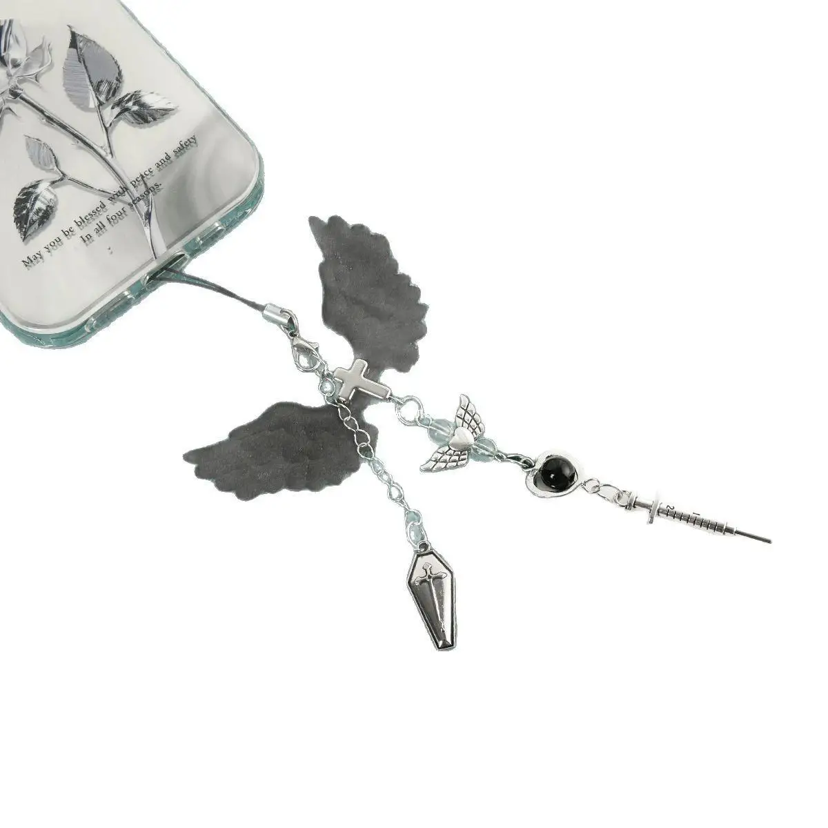 تصميم جديد 1 قطعة y2k نمط الأسود الجناح الصليب الخرز الهاتف المحمول سحر الأزياء سلاسل المفاتيح الحبل الهاتف المحمول ملحقات للتزيين #4