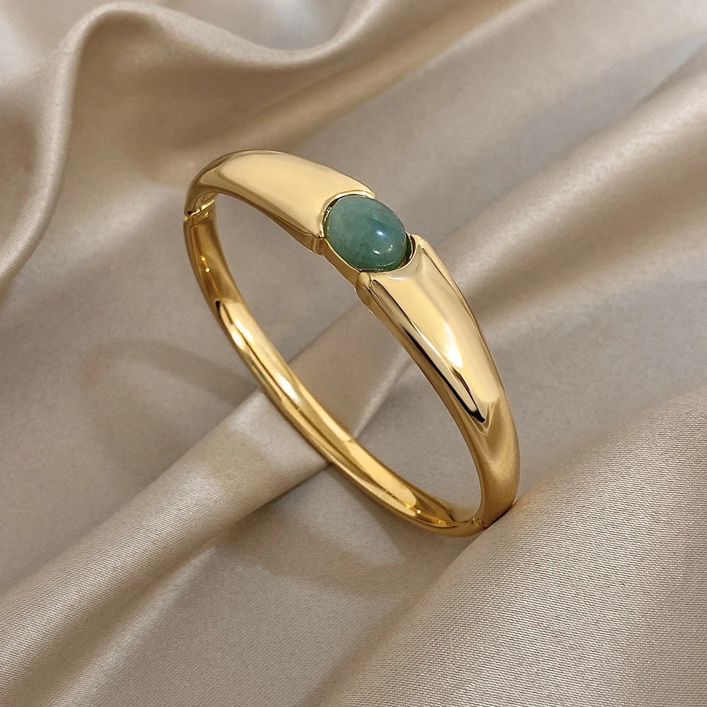 

Vintage Glossy Stainless Steel Bangle Bracelet Women Simple Geometric Gold Color Cuff Spring Bangle Waterproof Jewelry Gift