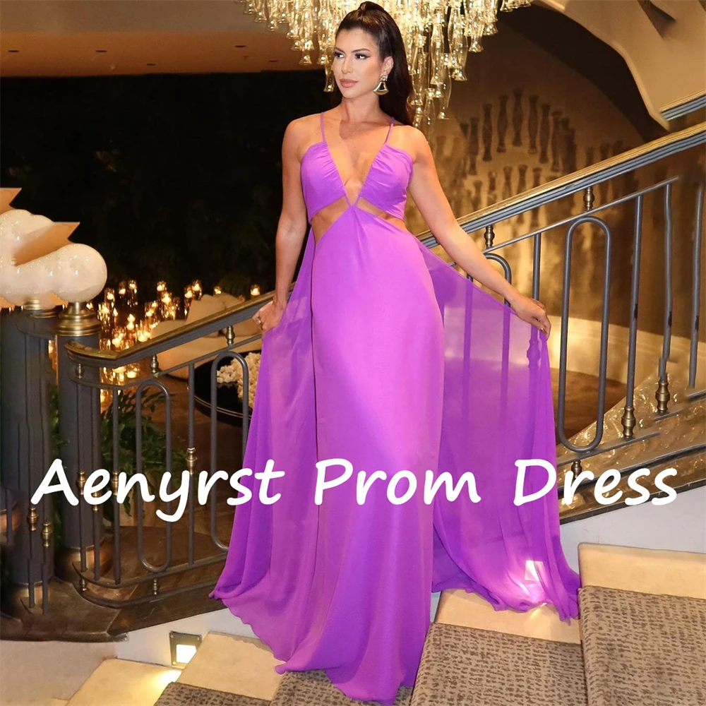 Aenyrst Simple Deep V Neck Prom Dresses Chiffon Spaghetti Strap Cocktail Gowns Floor Length Holiday Dress Long فساتين السهرة