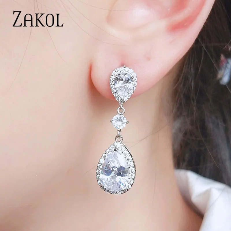 ZAKOL Shinny Water Drop Cubic Zirconia Dangle Earrings for women Exquisite Bridal Wedding Party Jewelry EP2288