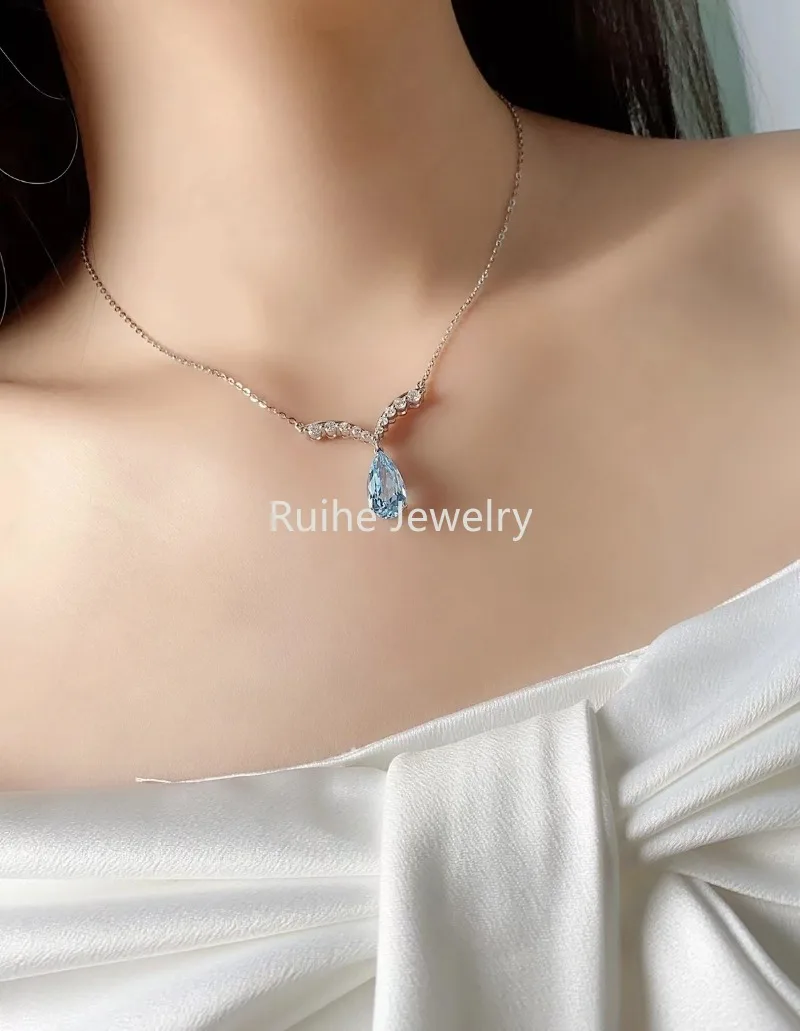 

Ruihe 925 Sterling Silver Chain Necklace 5.59ct Lab Grown Aquamarine Gemstones Pear Shape Jewelry Women Fashion