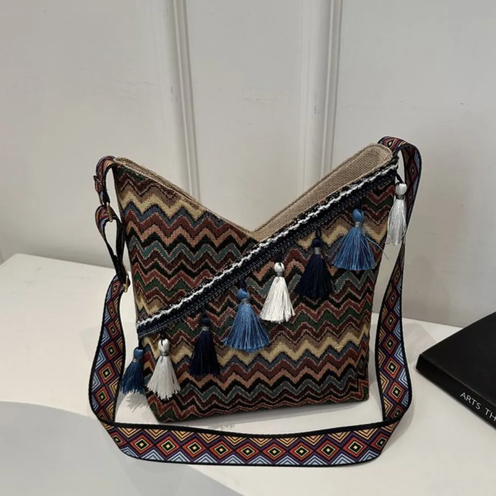

Винтажные сумки через плечо в этническом стиле с кисточками, большая вместительная богемная сумка-тоут, сумка через плечо с геометрической тканой бахромой для покупок