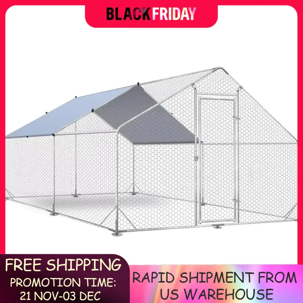 Outdoor Metal Chicken Coop Large Walk-in Poultry Cage Spire-Shaped  13' x 9.8' x 6.4' with Waterproof and Anti-Ultraviolet Cover