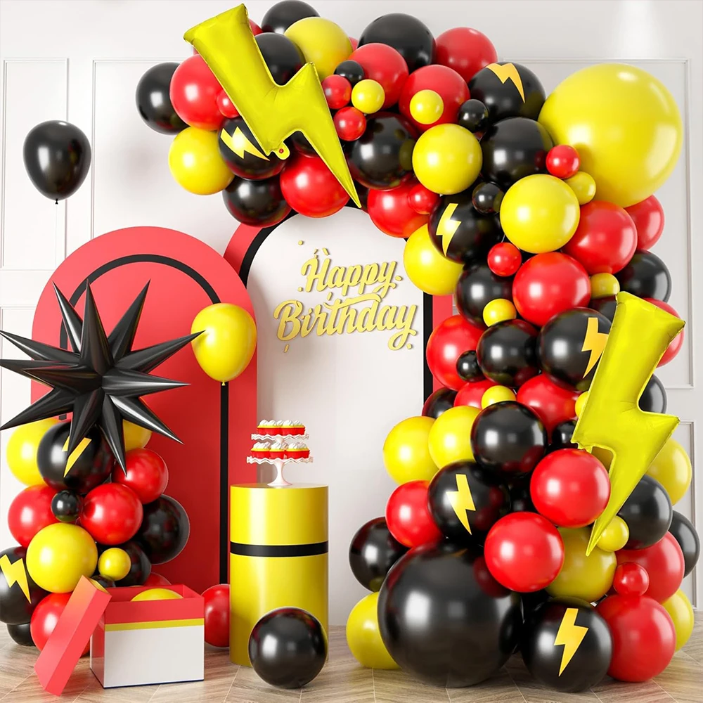 Rot-Schwarz-Gelbe Ballongirlande mit Sternenblitz-Effekt für Geburtstags-Themenparty, Babyparty, Videospiel-Party-Dekoration