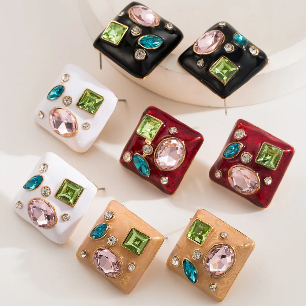 Fashion New Geometric Earrings for Women Enamel Colored Glass Rhinestone Fashionable Square Shiny Temperament Earrings