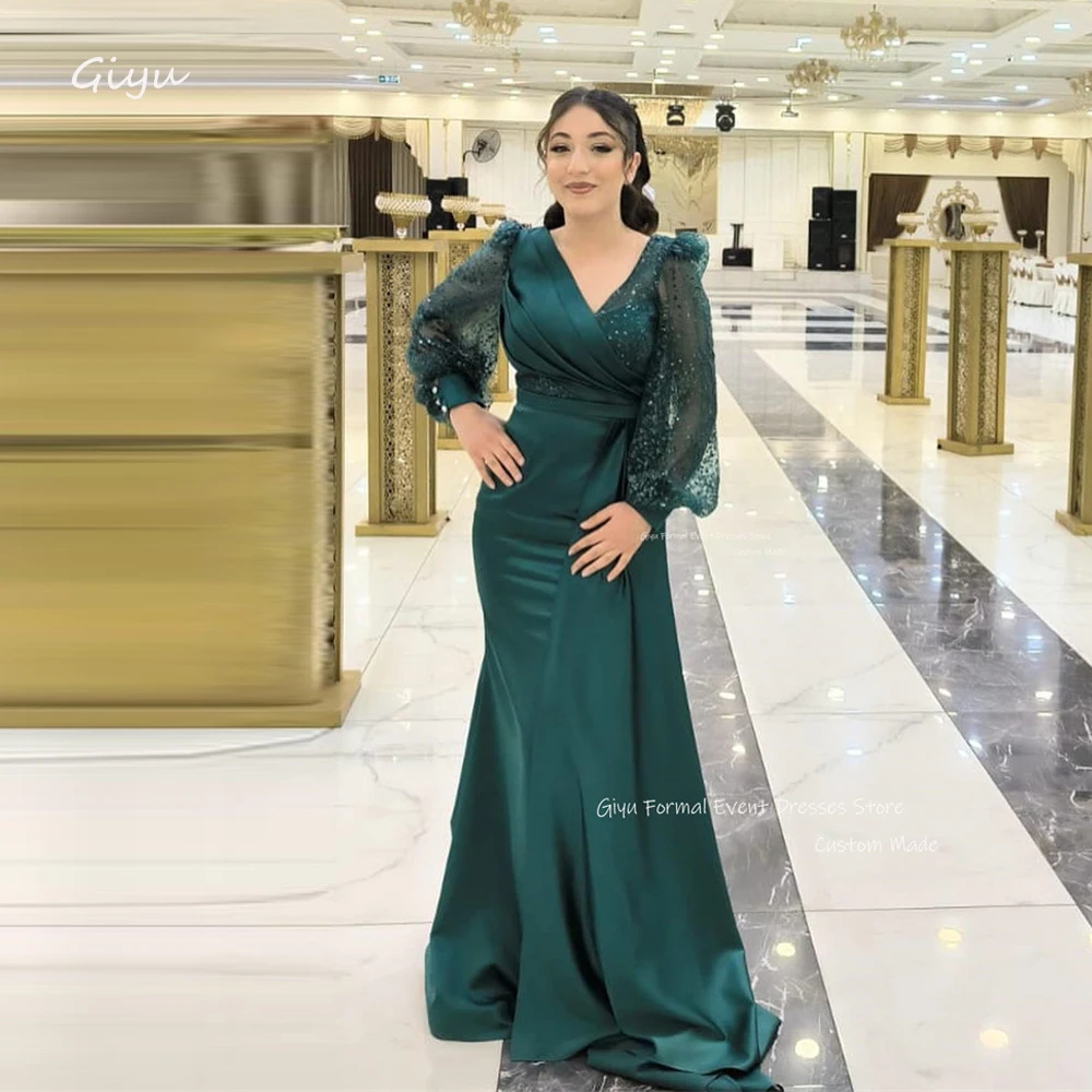 

Giyu Modest Emerald Green Mermaid Evening Dresses Formal Occasion Dress Long Sleeves V Neck Floor Length Prom Gowns Dubai Arabic