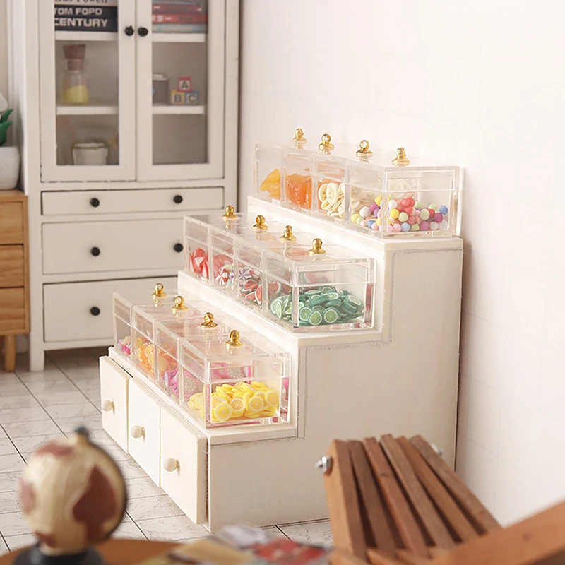 Doll House Accessories 1:12 Dollhouse Miniature Display Rack Candy Box Drawer Cabinet W/Clear Box Furniture Model Decor Toy