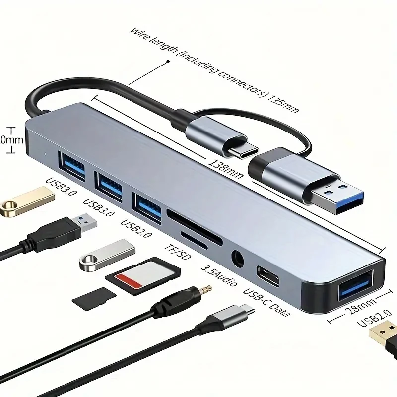 8 in 1 USB Type C HUB Docking Station with 3.5mm Audio Jack Adapter Micro SD TF Card Reader Laptops Tablet Phone Disk Converter