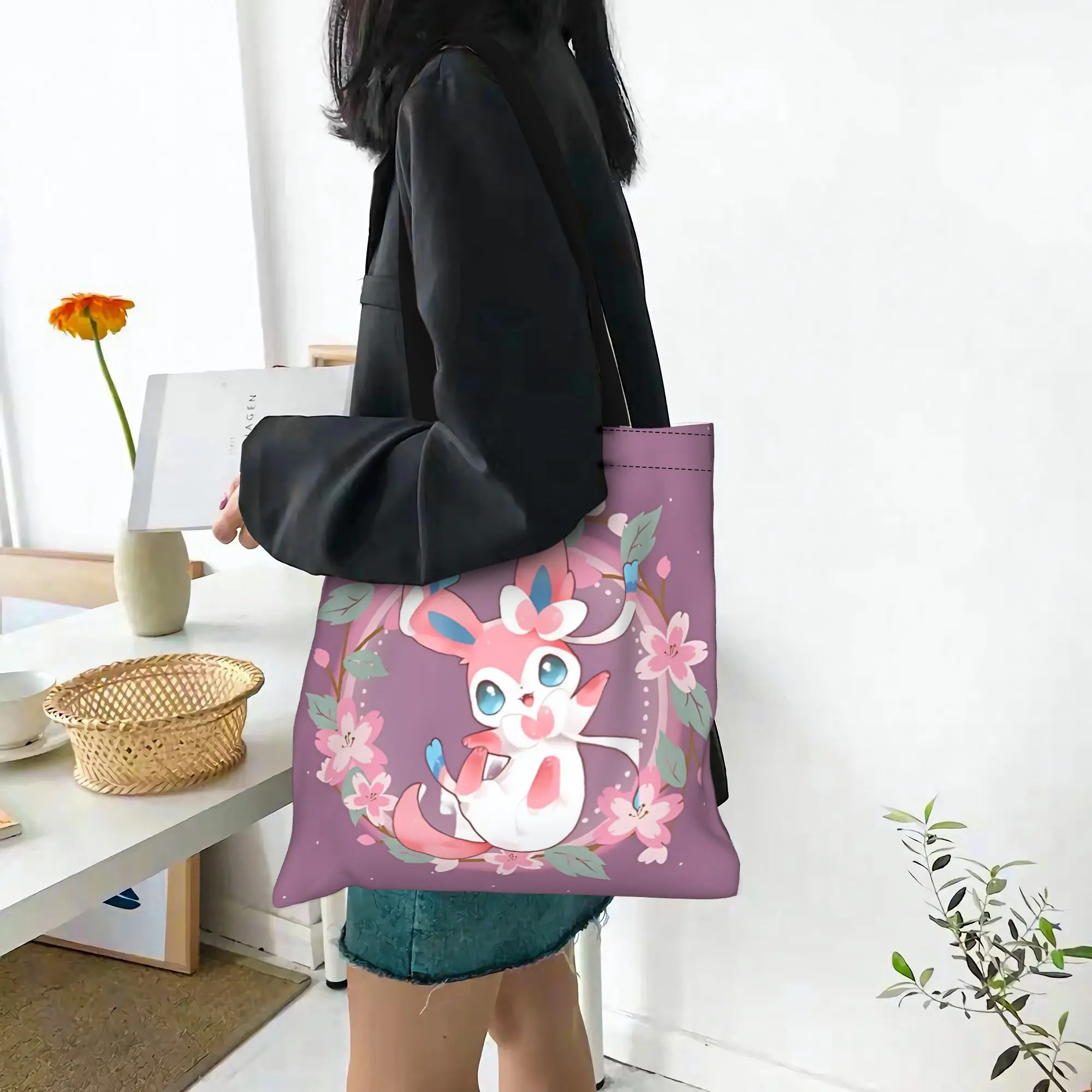 Fashion Women's Bag Pokemon Eevee Eeveelution Shopping Bag Sylveon Canvas Tote Bag Women'S Shoulder Handbag Christmas Gift