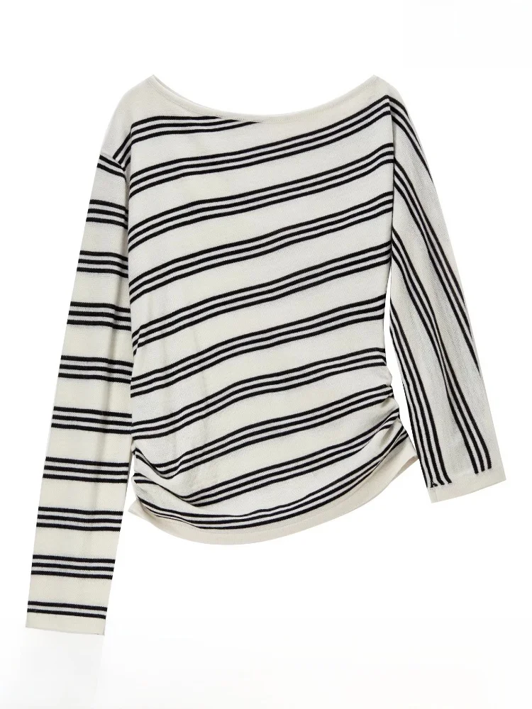 

Элегантный повседневный свитер с длинными рукавами, черно-белые полосы, цветные блоки, свободный крой, стройнящий силуэт, высококачественный топ, простой стиль, женская мода