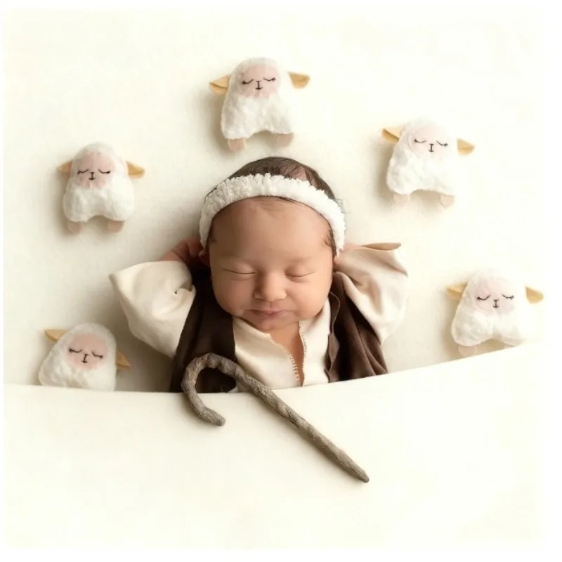 

Реквизит для фотосъемки новорожденных — набор из 5 предметов «Спящая овец», вязаные аксессуары для детской фотосъемки ручной работы для декора студии для младенцев, 90%öl아 수хам