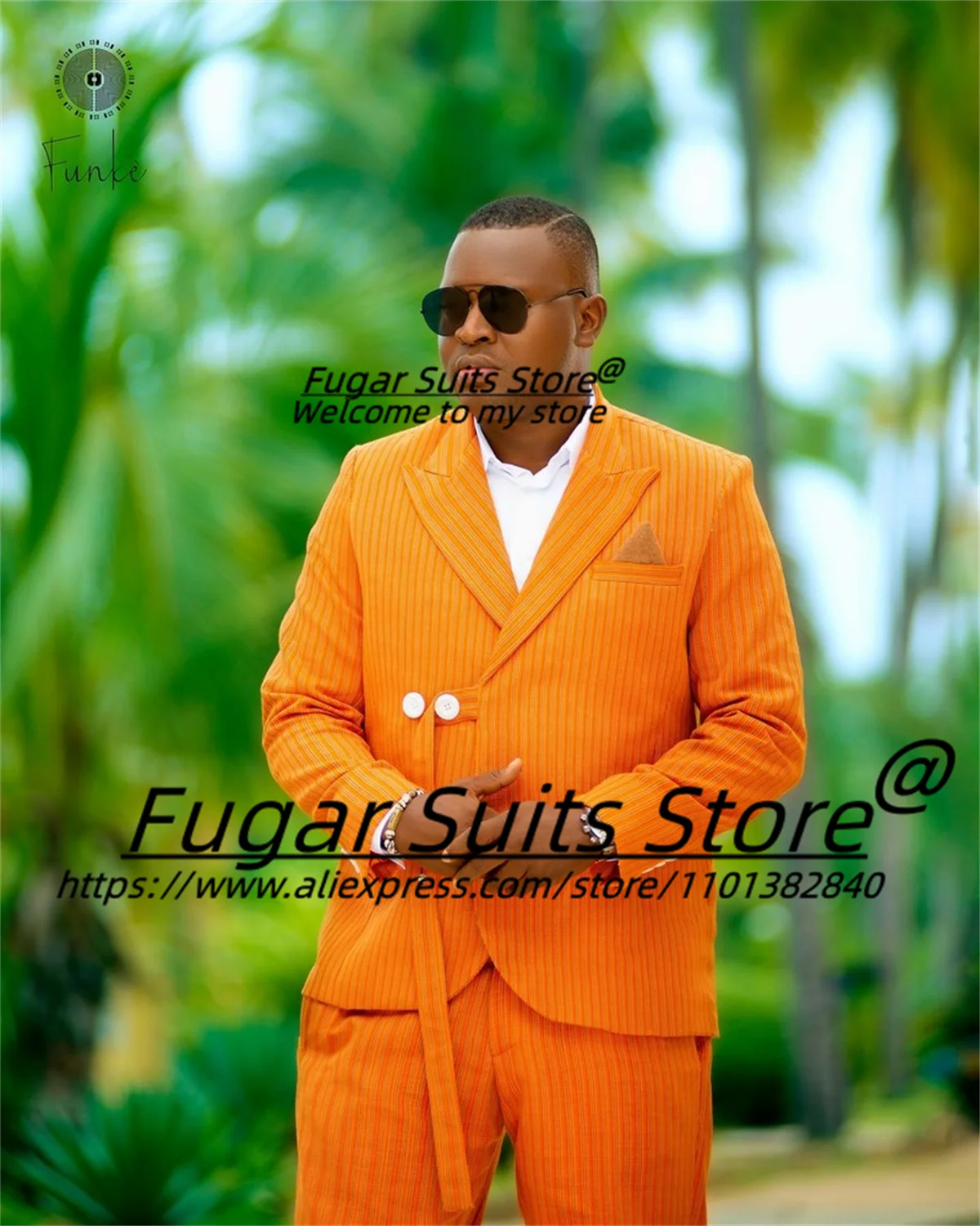 

Orange Casual Stripe Party Men Suits Custome Made Large size Best Man Prom Tuxedos 2 Pcs Sets Classic Male Blazers Costume Homme