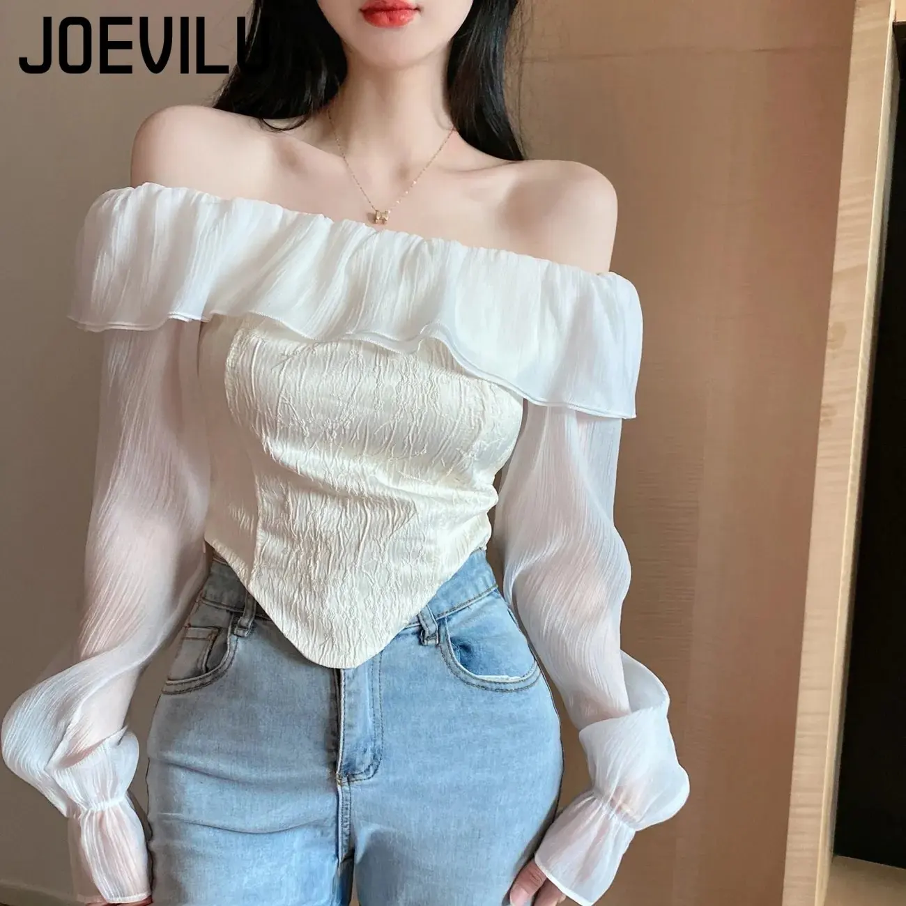 

Backless Crop Top Off Shoulder Ruffled Short Waistband Chic Blouses Women's Korean Sexy Curved Hem Bubble Sleeved Chiffon Shirts