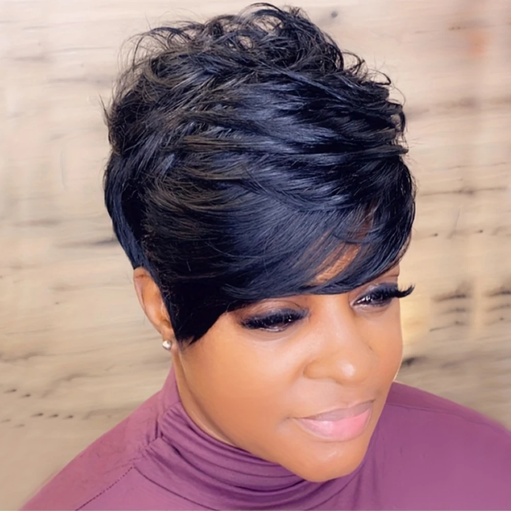 ショートピクシーカットウィッグ人毛ウィッグ女性用ウィッグ前髪付きレイヤードウェーブのかかったフルマシンメイドウィッグ