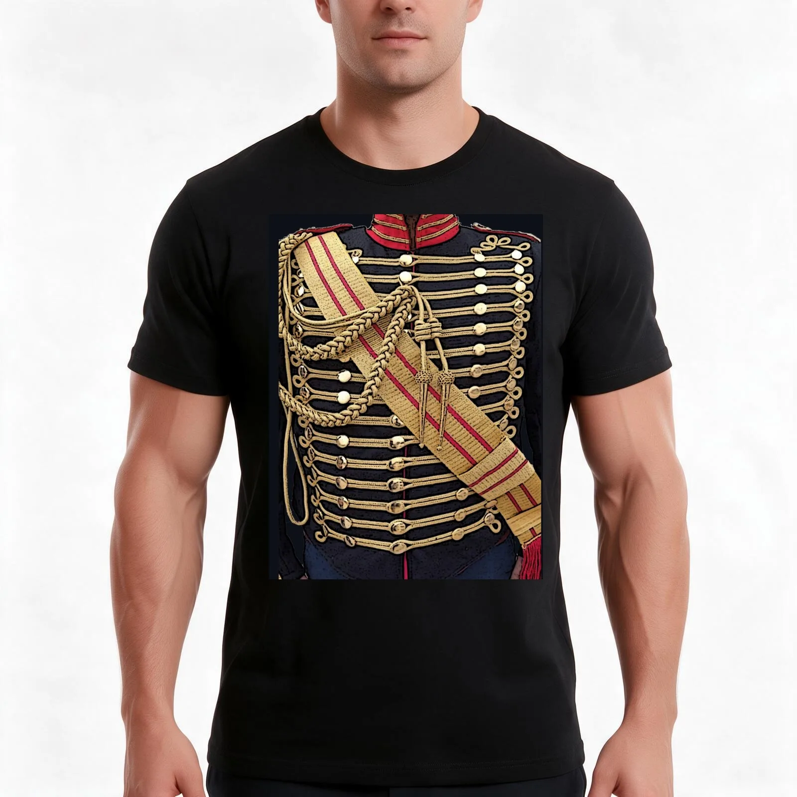 Simulated uniform; blue Hussar jacket with gold trim. T-Shirt Summer Casual Cotton Tee Oversized Streetwear Tops 100% Cotton