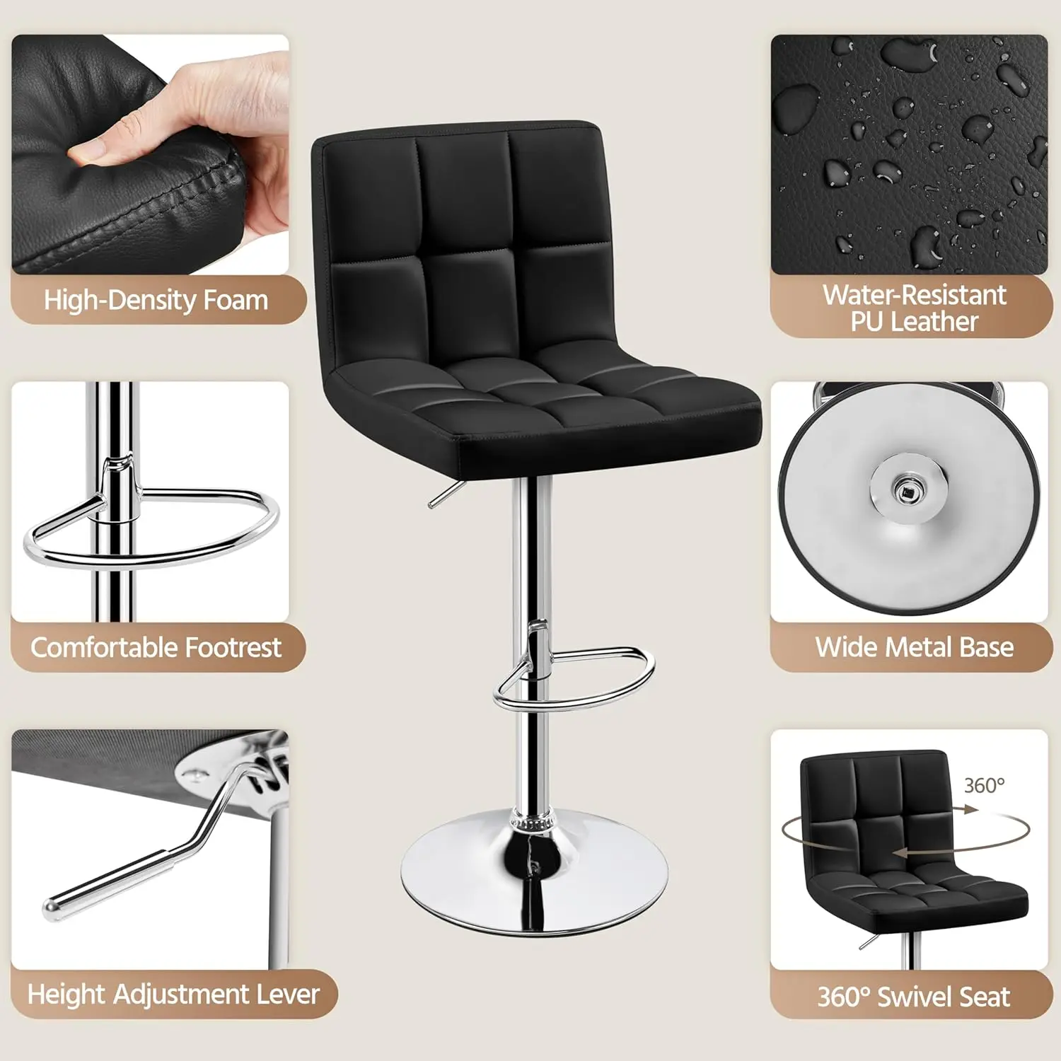 Bar Stools Set of 4, PU Leather Swivel Barstools, Height Adjustable Counter Chairs, Modern Stools with Back for Bar Kitchen Isla