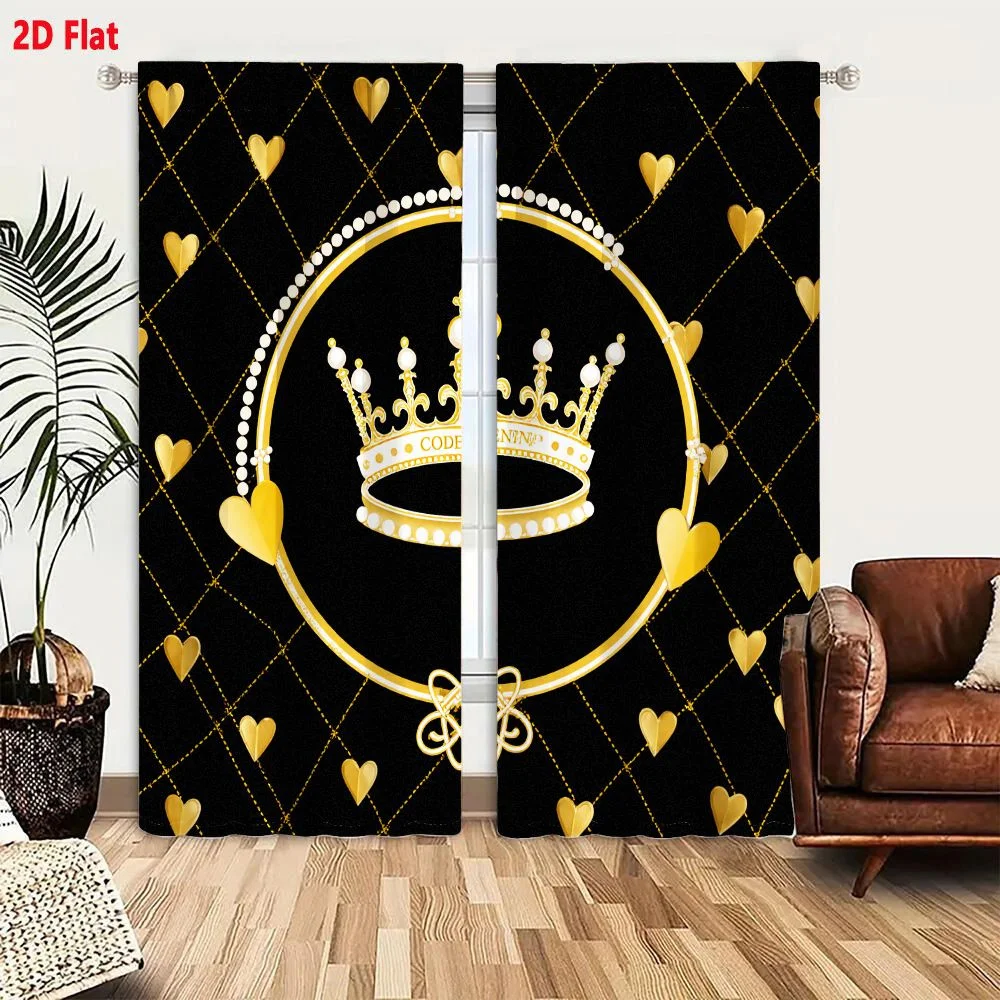 2Pcs Curtains 2D Flat Regal Luxurious Golden Crown with Pearls Knot and Heart Patterns Black Background Codeenw Ornamental Desig